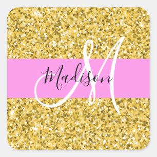 Sticker Carré Glam Parties scintillant rose et or étincelles Nom