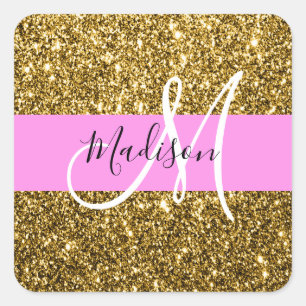 Sticker Carré Glam Parties scintillant rose et or étincelles Nom