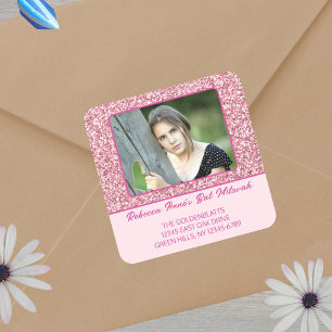 Sticker Carré Glam Pink Élégante Photo Pour Son Bat mitzvah