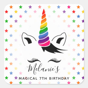 Sticker Carré Glam Rainbow Unicorn fête d'anniversaire