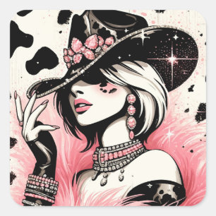 Sticker Carré Glam rustique cow-girl rose pailleté imprimé cuir 