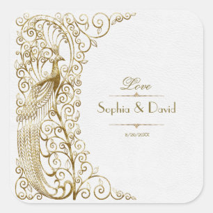 Sticker Carré Glam White Gold Art Déco Peacocks Mariage