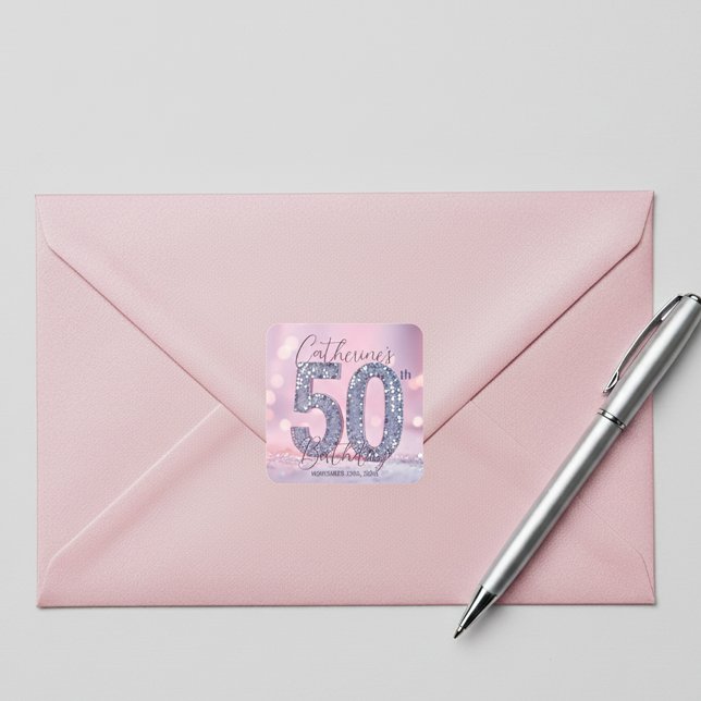 Sticker Carré Glamour Chic Rose et Paillettes Argentées 50e Anni (Créateur téléchargé)