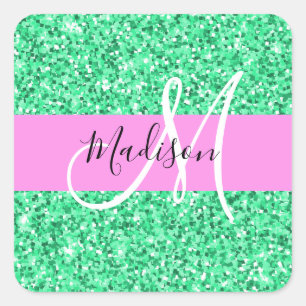 Sticker Carré Glamour Rose et Vert Paillettes Monogramme Nom