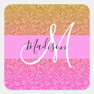 Sticker Carré Glamour Rose & Or Pailleté Brillant Dégradé Monogr