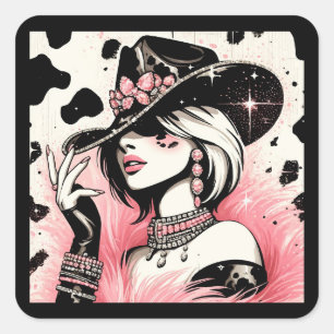 Sticker Carré Glamour Rustique Anniversaire Cowgirl Rose Paillet