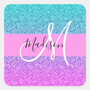 Sticker Carré Glamour Violet Aqua Paillettes Brillant Dégradé Mo