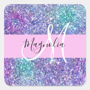 Sticker Carré Glamour Violet, Bleu & Vert Paillettes Monogramme