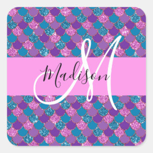 Sticker Carré Glamour Violet Sirène Paillettes Monogramme Nom