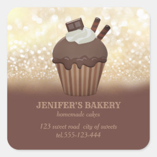 Sticker Carré Glitterie vintage en or cupcakes et sucreries fait