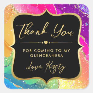 Sticker Carré Glittering Rainbow Agate et Or Quinceanera Élégant