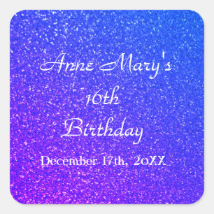Sticker Carré Glittery Blue Sparkle 16e anniversaire Nom personn