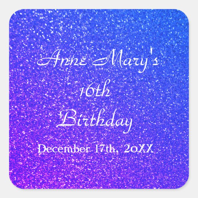 Sticker Carré Glittery Blue Sparkle 16e anniversaire Nom personn (Devant)