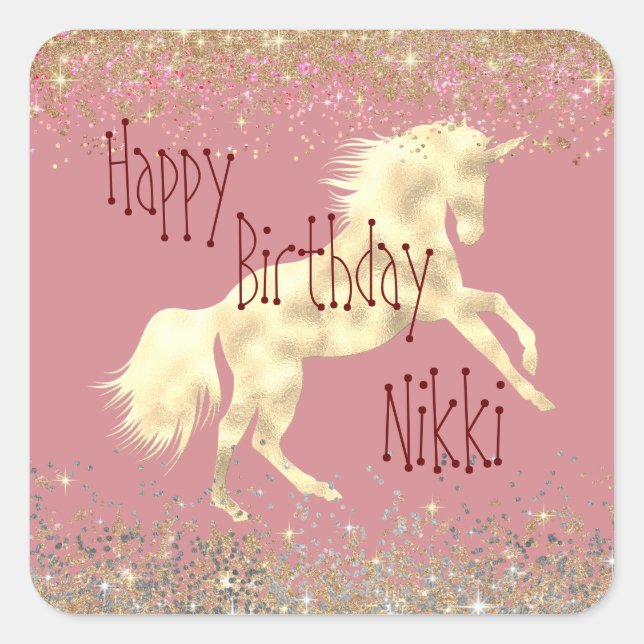 Sticker Carré Glittery Glam Gold Unicorn Personnalisé (Devant)