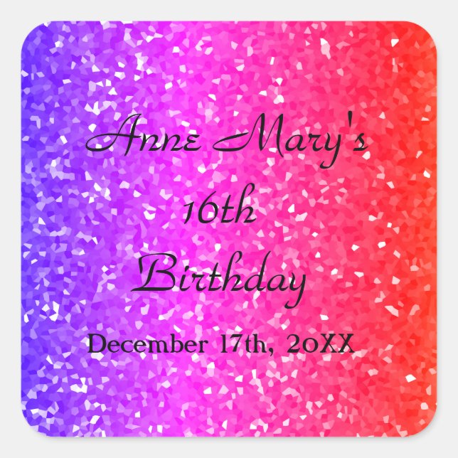 Sticker Carré Glittery Pink Sparkle Nom personnalisé 16e anniver (Devant)