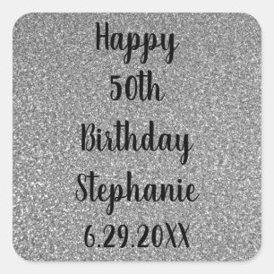 Sticker Carré Glittery Silver Grey Personnalisé Joyeux Anniversa