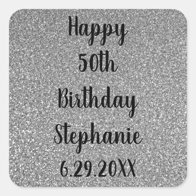 Sticker Carré Glittery Silver Grey Personnalisé Joyeux Anniversa (Devant)