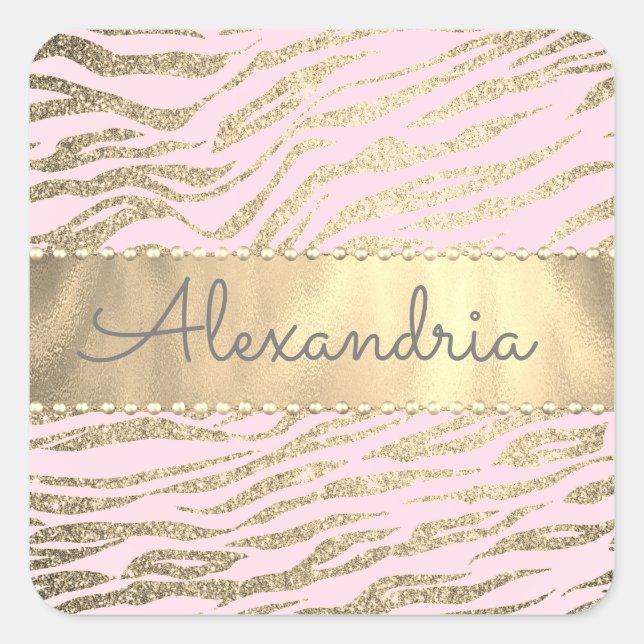 Sticker Carré Glittery Zebra Imprimer sur Rose Blush (Devant)