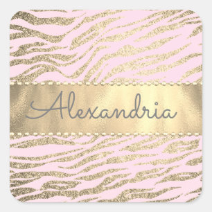 Sticker Carré Glittery Zebra Imprimer sur Rose Blush