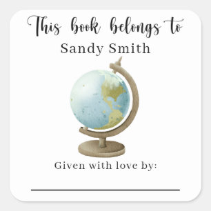 Sticker Carré Globe - Ce livre appartient avec message