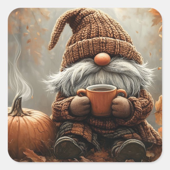 Sticker Carré Gnome adorable avec cacao chaud à côté d'un citrou (Devant)
