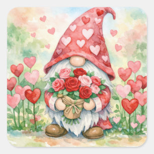 Sticker Carré Gnome de la Saint-Valentin avec des roses rouges