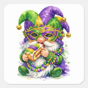 Sticker Carré Gnome de Mardi Gras mangeant une galette des rois