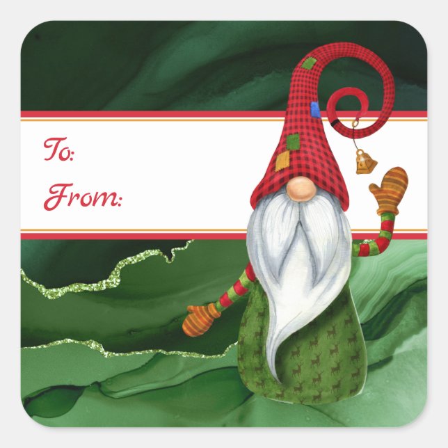 Sticker Carré Gnome de Noël Rouge et Vert Gemstone Rustique Glam (Devant)