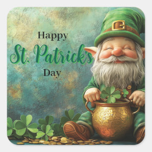 Sticker Carré Gnome Leprechaun et Pot of Gold St. Patrick's Day