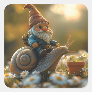 Sticker Carré Gnome Whimsical sur Snail Ride Magical Garden Scèn