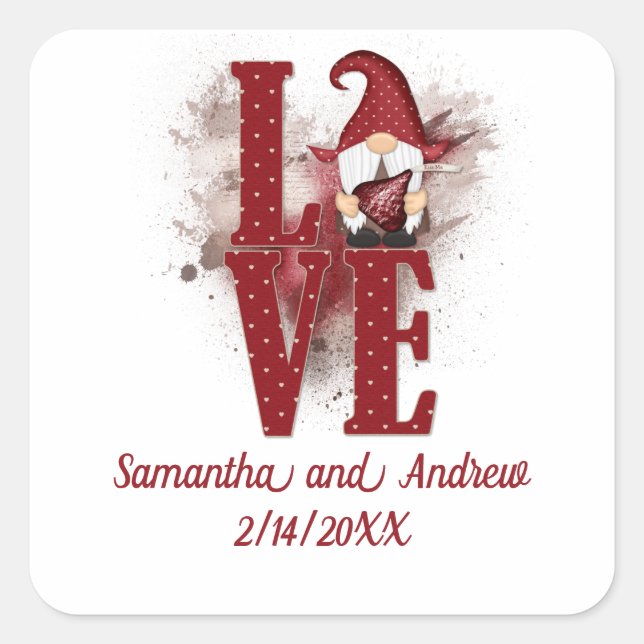 Sticker Carré Gnomes Red Love mignon Anniversaire Mariage (Devant)
