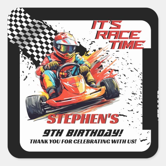 Sticker Carré Go Kart Racing fête d'anniversaire (Devant)