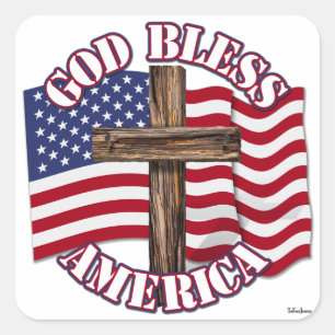 Sticker Carré God Bless American with Usa Flag & Cross