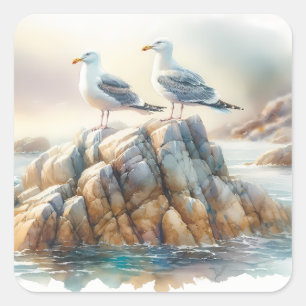 Sticker Carré Goélands côtiers aquarelle paysage marin