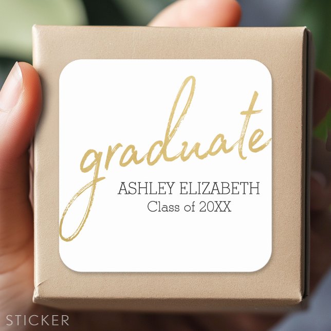 Sticker Carré Gold Black Modern Graduate script Graduation (Custom Sticker - Personalize with your info for a party favor or gift)