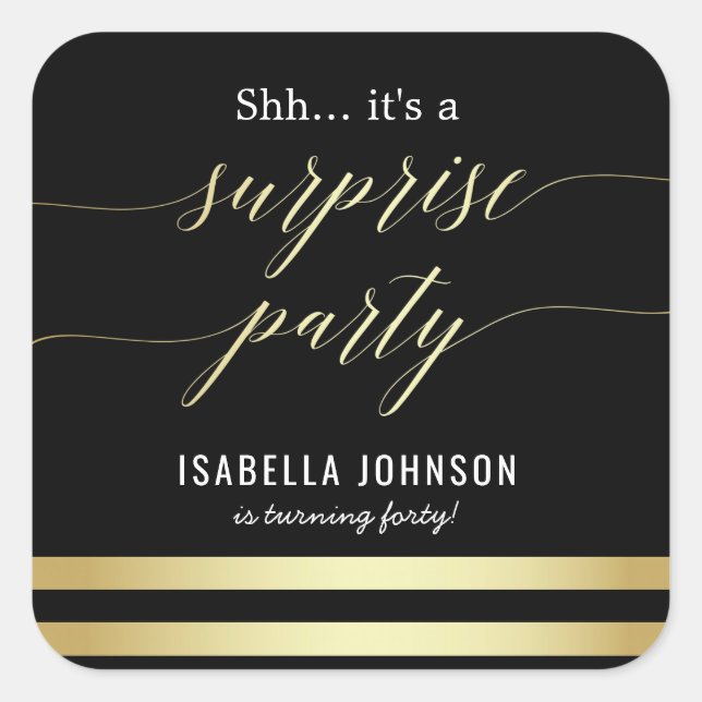 Sticker Carré Gold & Black Stripes Shh... C'est une fête surpris (Devant)