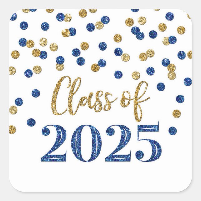 Sticker Carré Gold Blue Confetti Graduation 2025 (Devant)