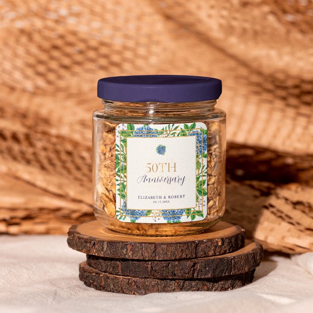 Sticker Carré Gold Blue Hydrangea 50e anniversaire de Mariage (Créateur téléchargé)