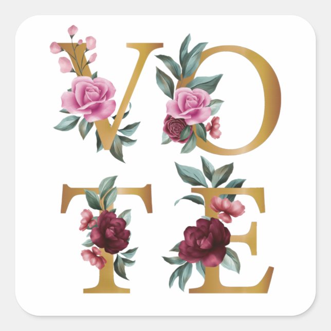 Sticker Carré Gold Burgundy Floral Élégante Feminine Go Vote (Devant)