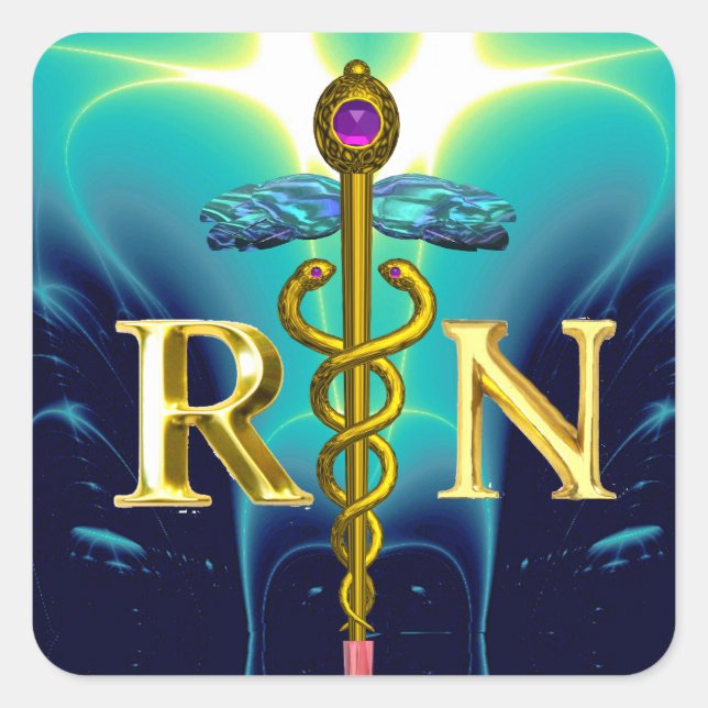 Sticker Carré GOLD CADUCEUS SYMBOLE INFIRMIER INSCRIT Aqua Blue (Devant)