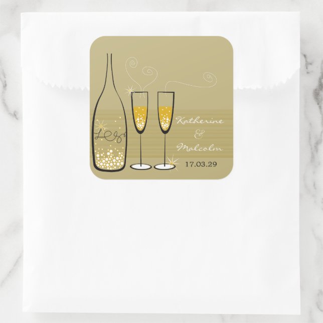 Sticker Carré Gold Champagne Bubbly encourage Soirée de mariage  (Sac)