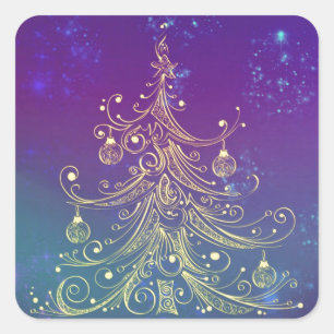 Sticker Carré Gold Christmas Tree Motif Purple Turquoise