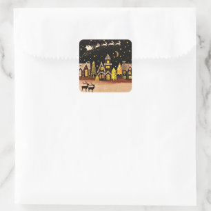 Sticker Carré Gold Christmas Village Deer Winter Night