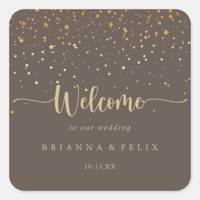 Sticker Carré Gold Confetti Brown Mariage Bienvenue (Devant)