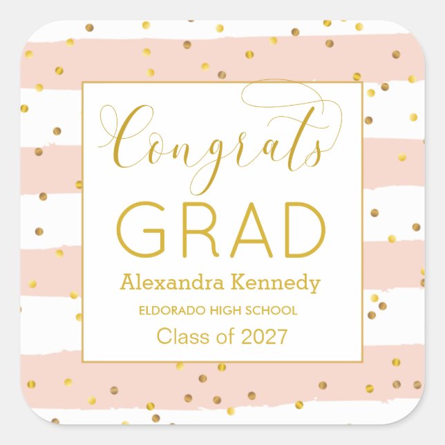 Sticker Carré Gold Confetti Pink Stripes Graduation (Devant)