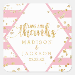 Sticker Carré Gold Confetti & Pink Stripes Mariages Merci Favori
