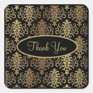Sticker Carré Gold Damask Black Script Mariage Élégant Merci