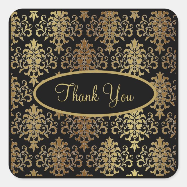 Sticker Carré Gold Damask Black Script Mariage Élégant Merci (Devant)