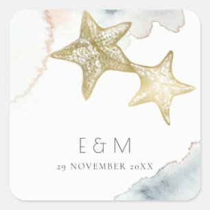 STICKER CARRÉ GOLD DUSKY BLUE BEACHING STARFISH MONOGRAM MARIAGE