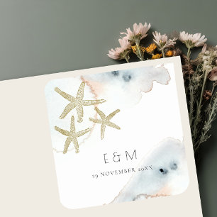 STICKER CARRÉ GOLD DUSKY BLUE BEACHING STARFISH MONOGRAM MARIAGE
